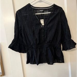 NWT Express Black Puff Sleeve Sheer  Top Cinched Waist Blouse Size Small New